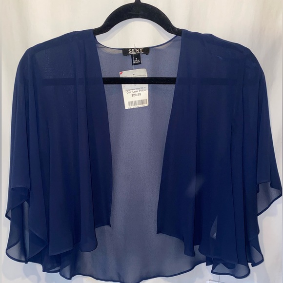 💙 SLNY SL Fashion New York Embellished Navy Tiered Chiffon Dress & Capelet  NWT - Picture 7 of 10